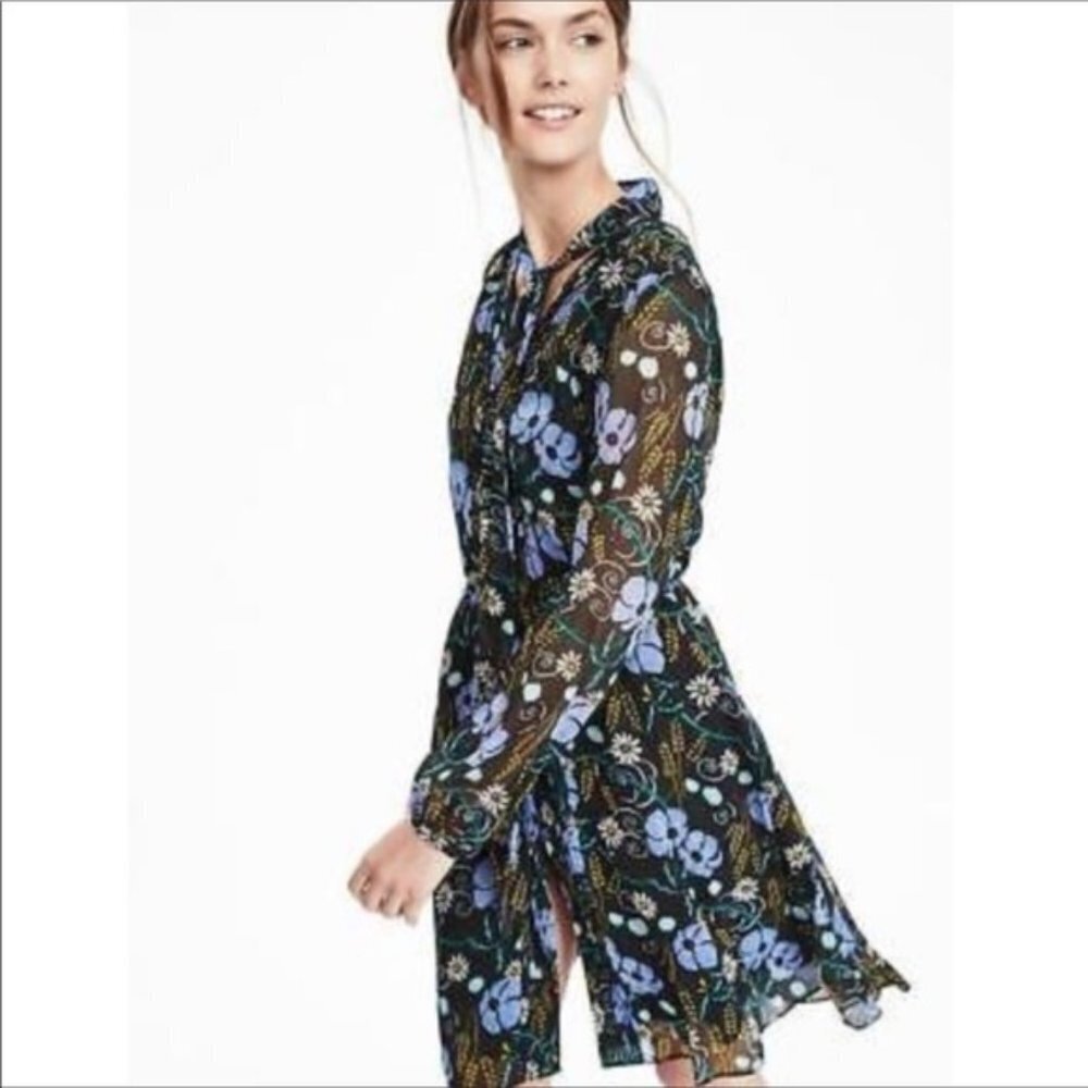 Banana Republic Floral Print Tie Neck Short Casual Dress Size Small